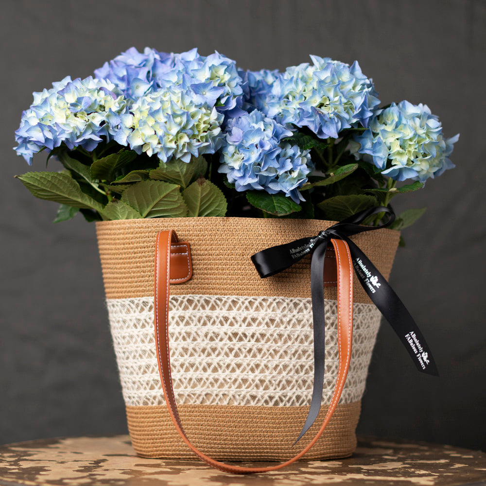 Hydrangeas displayed in straw shoulder bag.